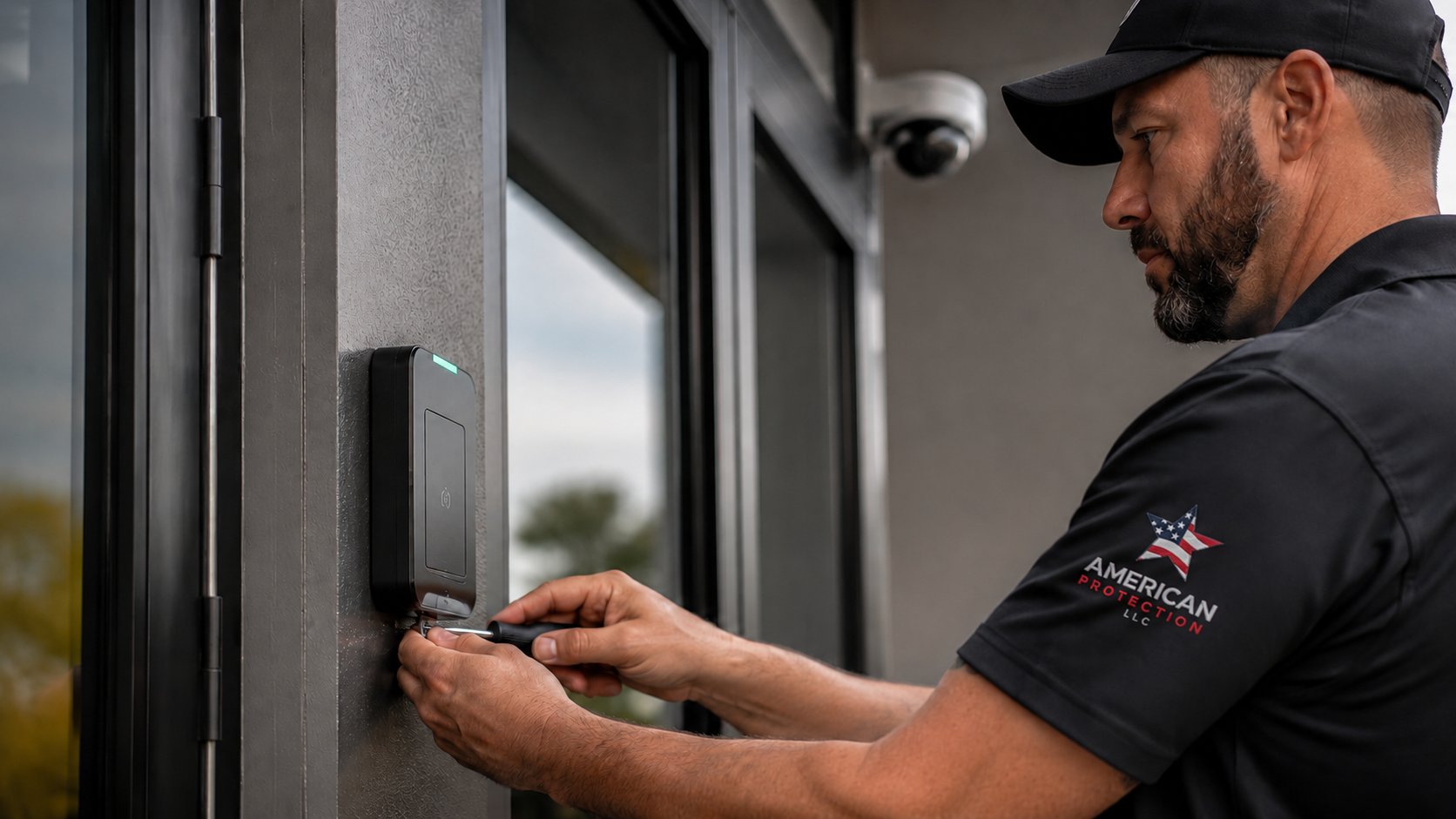 American Protection technician installing an access control device